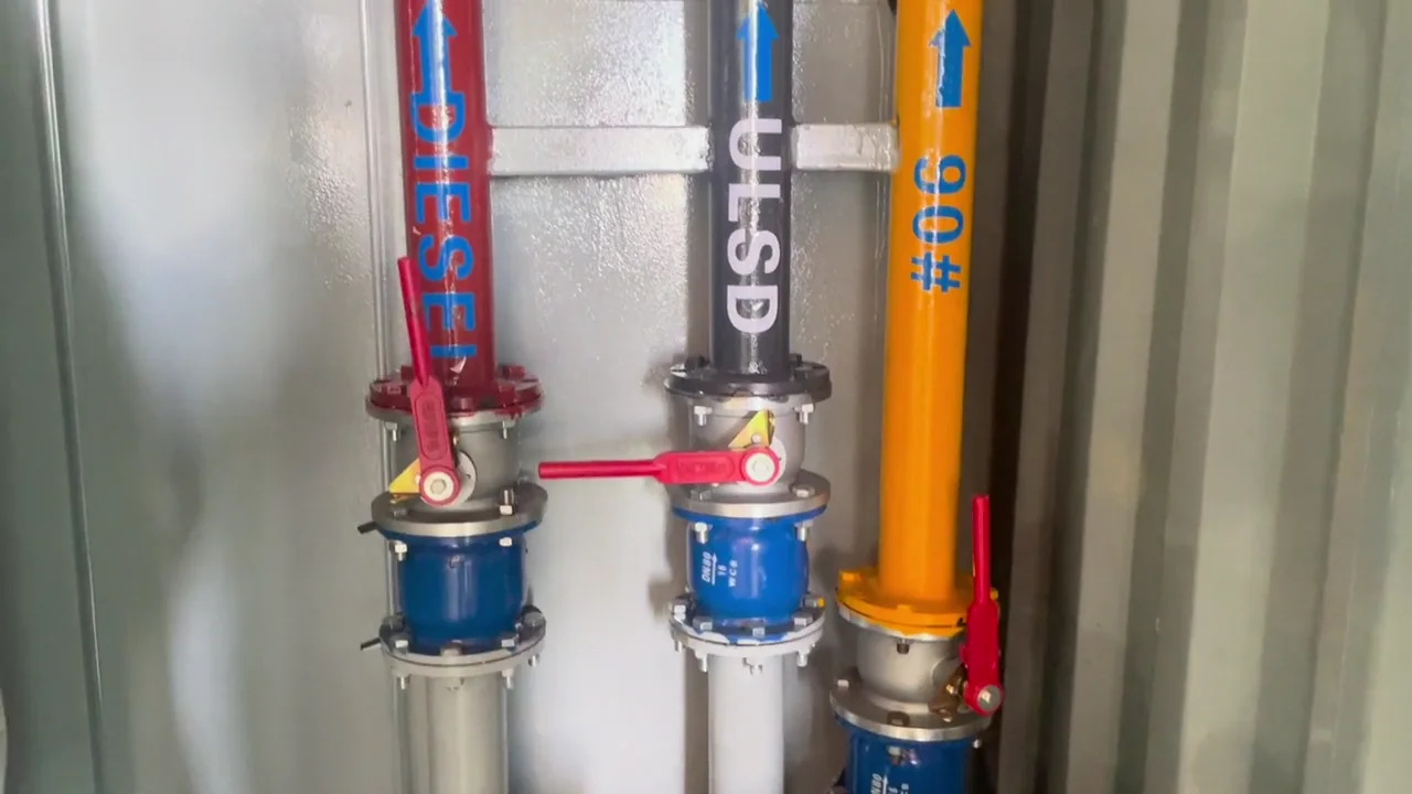 Labeled fuel lines and valves inside a customized containerized fuel station.